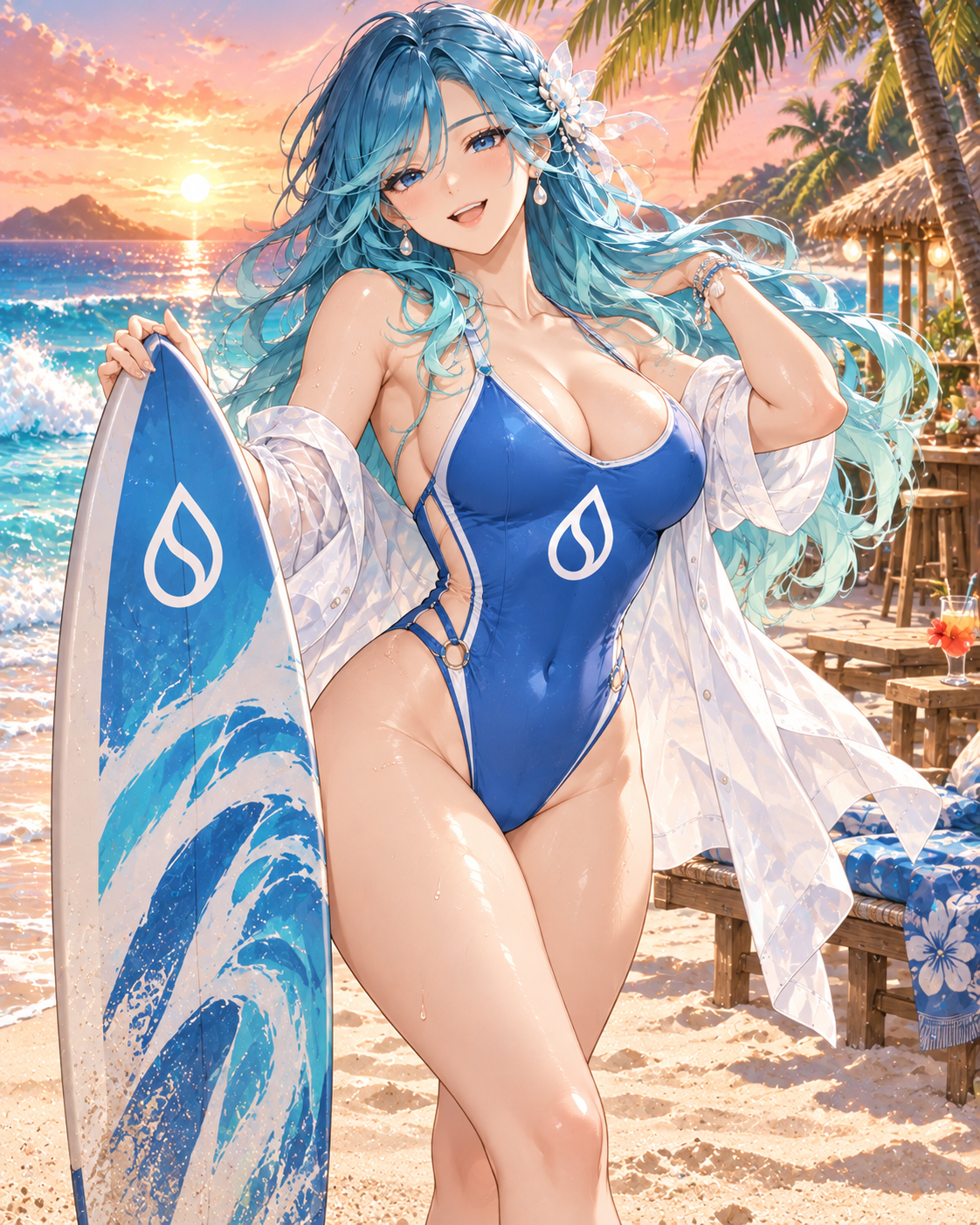 Sexy Underwater Idol with her SUI surfboard on a tropical beach at sunset