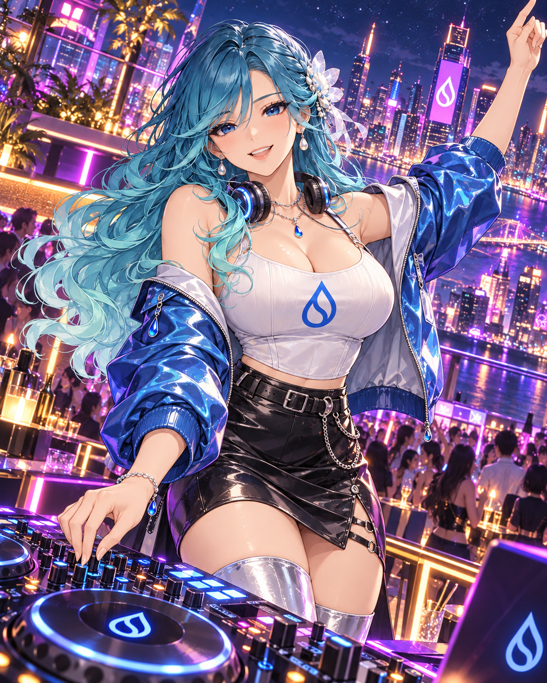 SUI DJing on a rooftop above a city lit in magenta and blue