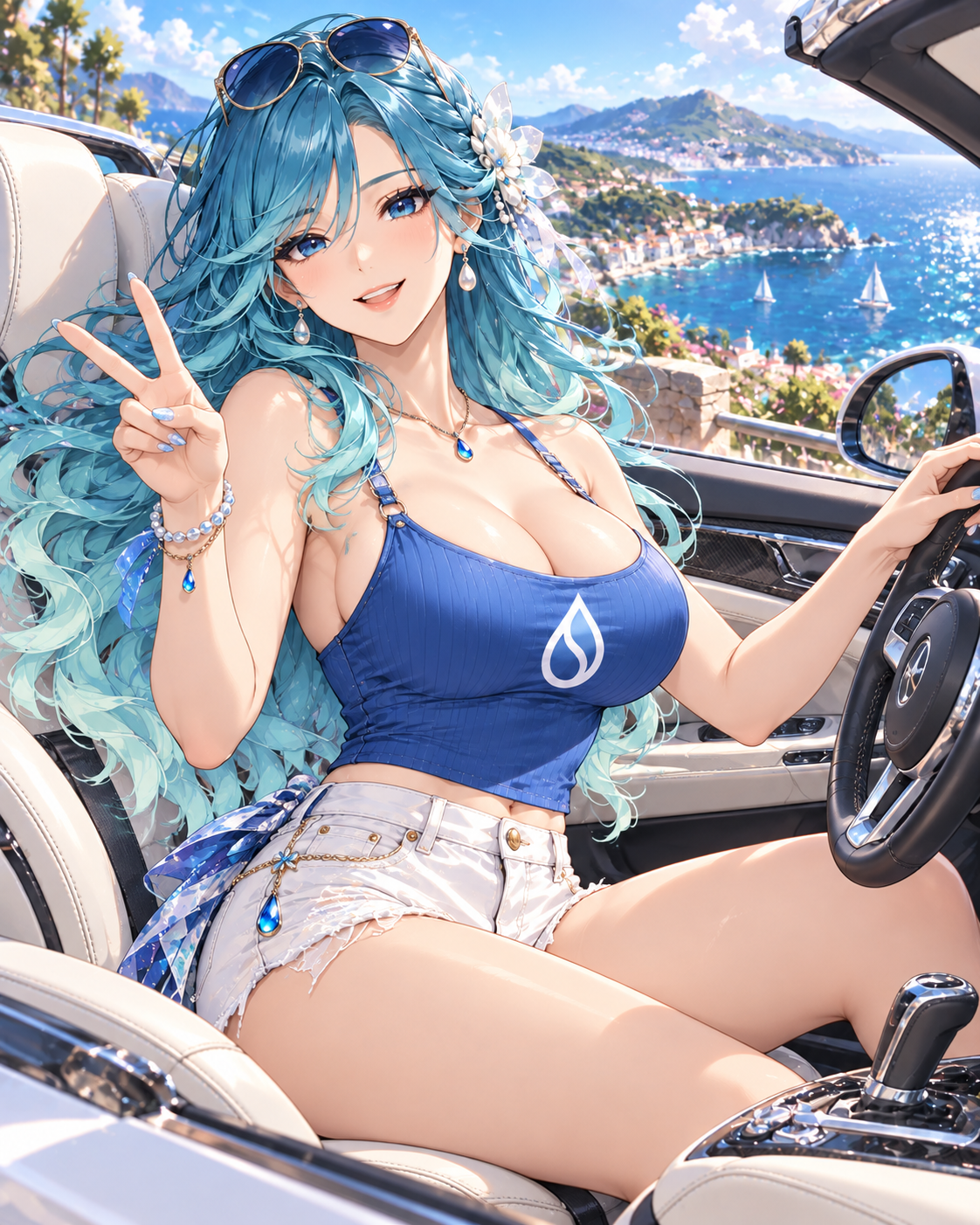 SUI relaxing in a white convertible overlooking a sunny coast