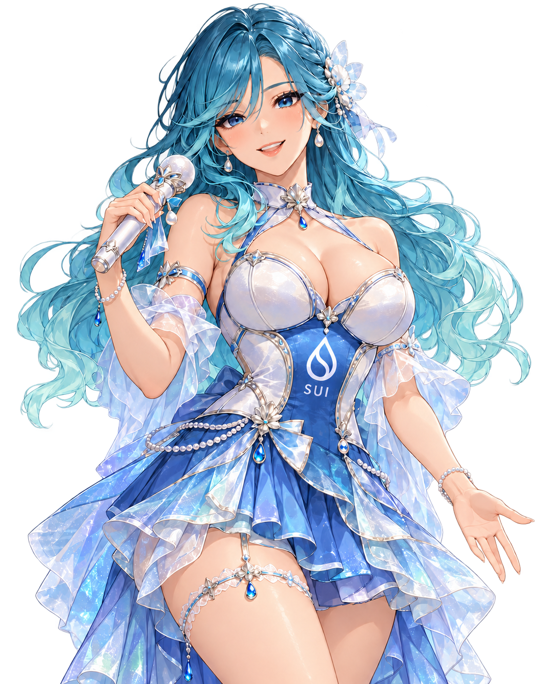 Sexy Underwater Idol with flowing turquoise hair, a pearl microphone, and her blue and white SUI stage dress